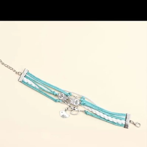 Multilayer Turquoise Color PU Leather Bracelet Owls, Bird, Leaves Infinity Charm - Picture 2 of 5